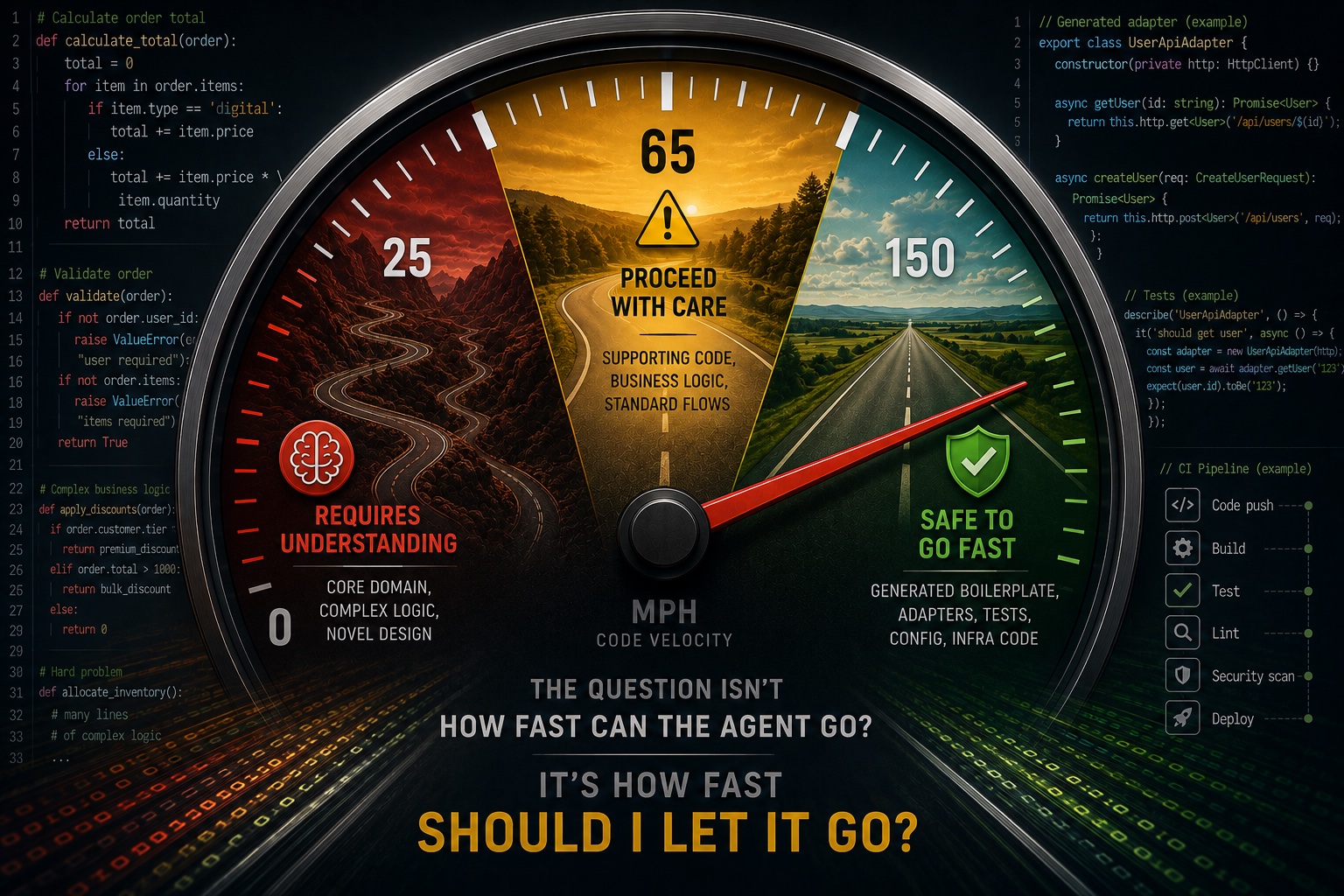 A speedometer whose dial is divided into a green zone for generated boilerplate, adapters, tests and config, an amber zone for supporting code and business logic, and a red zone for core domain, complex logic and novel design